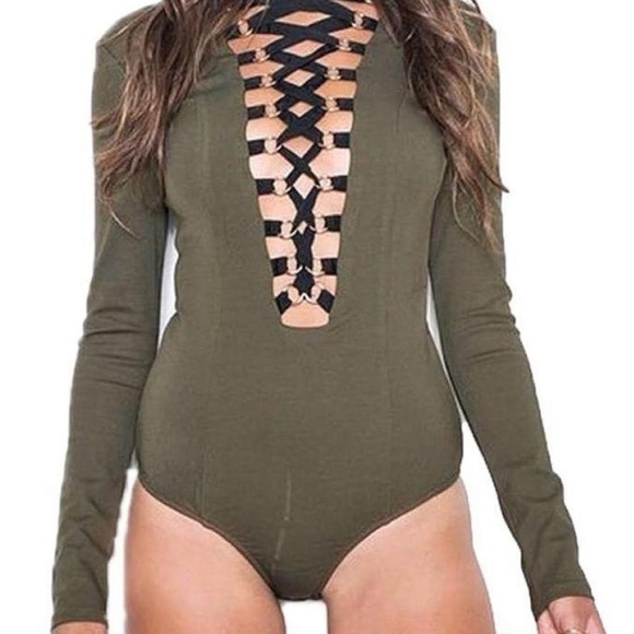 Revolve NUDE Olive Green Bodysuit with Black Lace-Up Detail Long Sleeves Size M - Picture 1 of 10